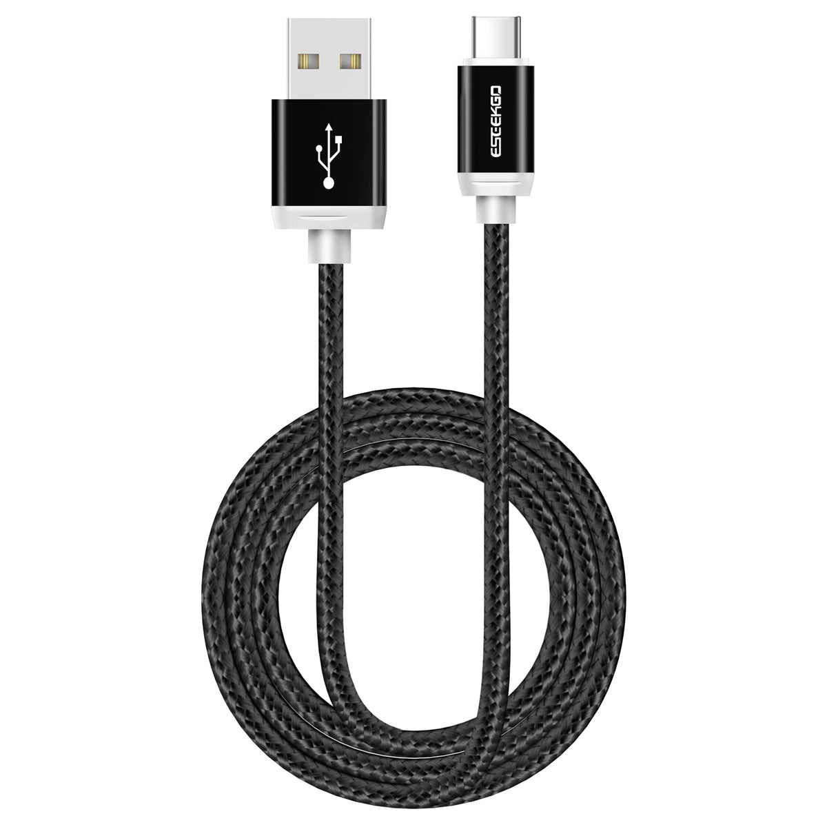Black braided Eseekgo USB-C to USB-A cable, coiled, with both connectors