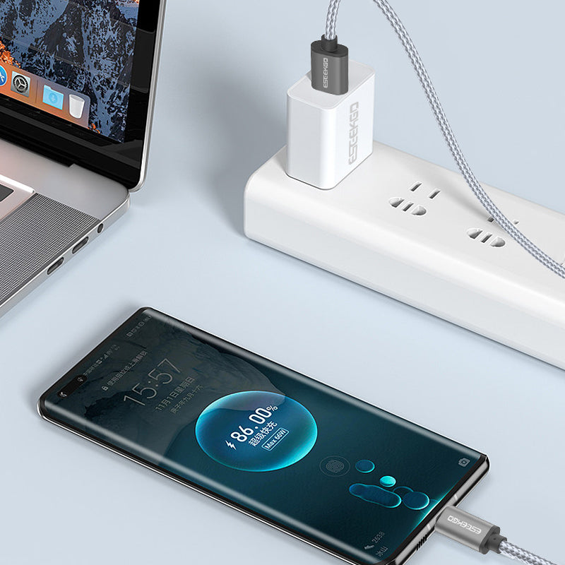 Eseekgo 60W USB-C to USB-A cable charging a phone from a wall charger