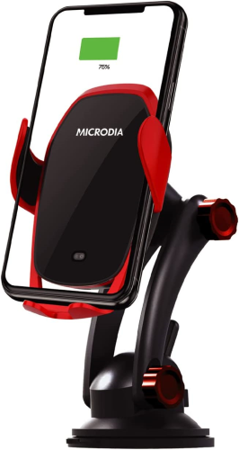 Microdia X.Pad Portofino wireless car charger with red arms, holding a charging phone on its suction mount