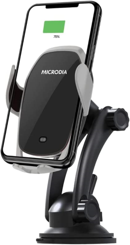 Microdia Portofino wireless car charger with silver arms, holding a charging phone on its suction mount